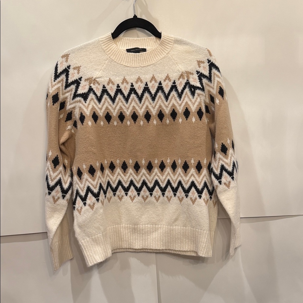 Ann Taylor Cream, Tan & Black Fair Isle Crewneck Sweater